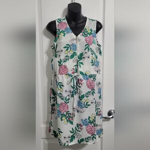 💲2️⃣ Trendsetter White Floral 1/2 Zip V-Neck Sleeveless Lined Mini Dress Sz Med